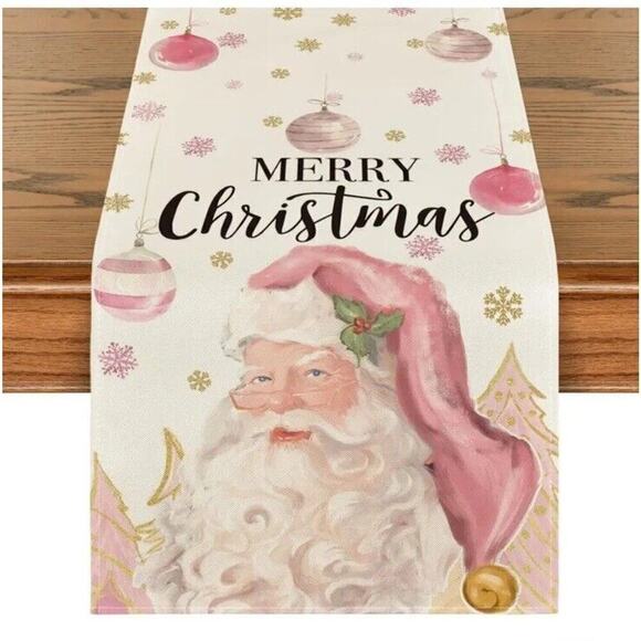 Soft‎ Pink Santa Christmas Table Runner 72"x13" Trees Merry Christmas - Picture 1 of 6